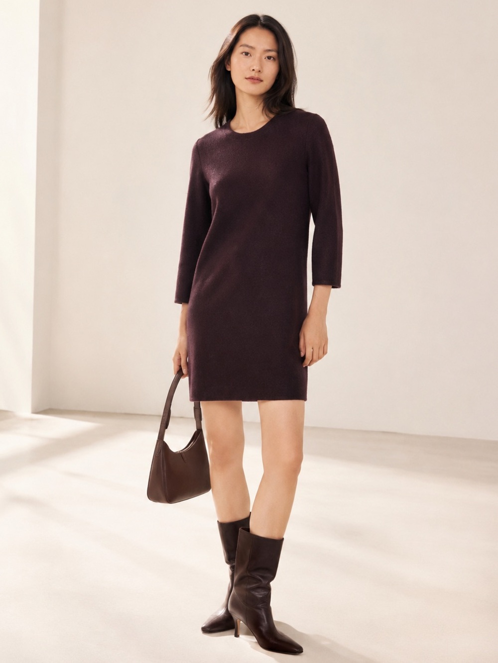 COS Minimalist Boiled Wool Burgundy Eggplant Mini Dress Quiet Luxury Sz XS